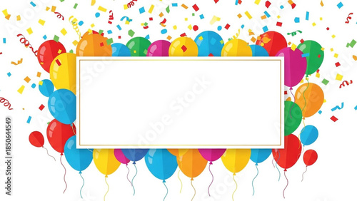 Happy New Year 2026 Colorful Balloons and Confetti Frame Blank Greeting Card Template on White Background JPG