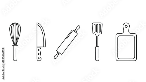 Simple black line icons representing essential kitchen tools including a whisk a knife a rolling pin and a spatula