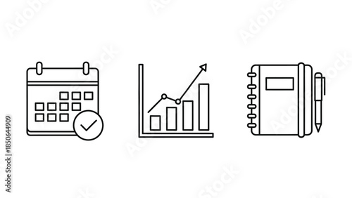 Business planning icons featuring a calendar graph and notebook symbolizing scheduling tracking and documentation tasks