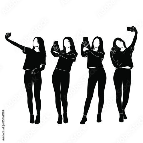 Set of Four Women Taking Selfies with Smartphones Silhouettes, Social Media and Technology Vector