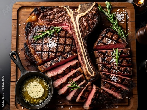 A succulent grilled T-bone steak sliced medium-rare on a wooden board with rosemary, sea salt, and herb butter