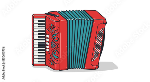 red accordion clipart with decorative folk ornament cartoon musical instrument illustration on white background for music festival design