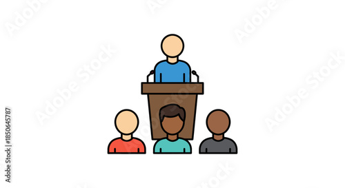 public speaker giving presentation at podium in front of diverse audience simple flat vector icon for leadership seminar and webinar