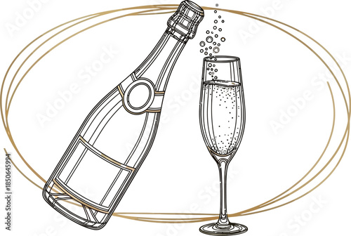 Champagne bottle pouring into glass with golden frame for celebration design