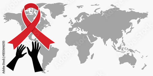 Global awareness concept showing raised hands beneath a large red ribbon symbol for hiv aids