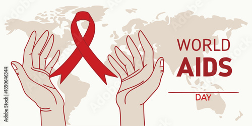 Hands gently holding a red ribbon symbol for world aids day awareness against a global map background