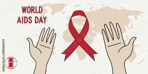 World AIDS Day awareness illustration featuring hands reaching for the iconic red ribbon symbol above a subtle map