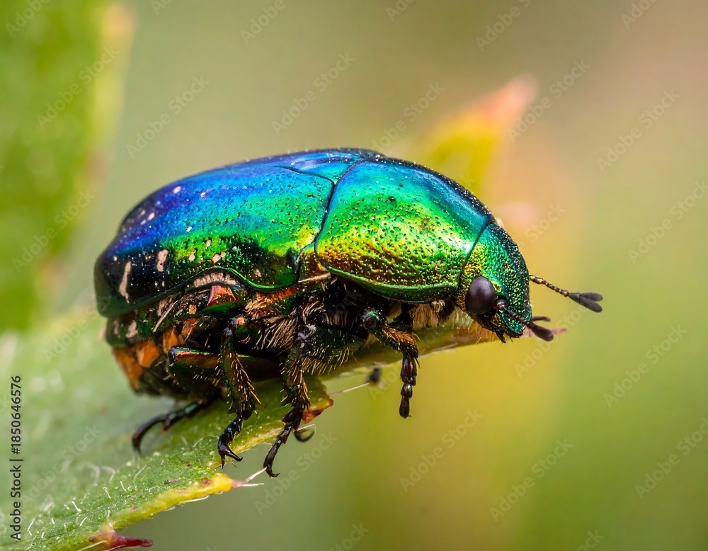 Fototapeta premium Vibrant iridescent beetle on leaf