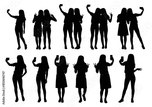 Collection of diverse young women taking selfies with smartphones, friendship and social media concept silhouettes.