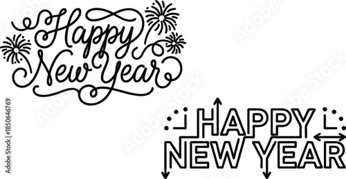 Happy New Year text with fireworks and decorative elements