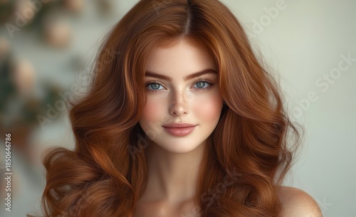 portrait of a woman with long wavy auburn hair and bare shoulders, soft lighting, serene and elegant mood