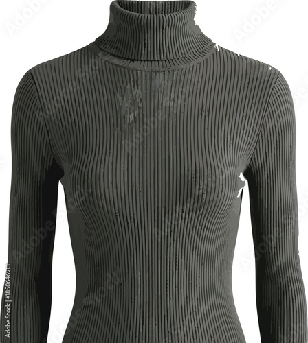 Dark gray ribbed turtleneck sweater on a mannequin against a neutral background