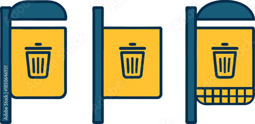 Three Trash Can Signs on Poles for Waste Disposal