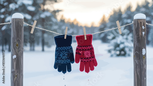 Winter mittens hanging on a clothesline in a snowy outdoor winter landscape
