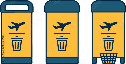 Three Yellow Trash Bins with Airplane Symbols
