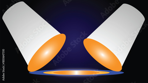 Two spotlights illuminating a circular stage with orange and blue rings