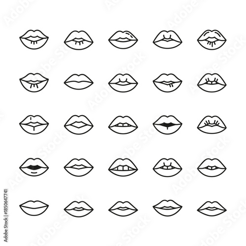 Set of Minimalist Outline Lip Icons, Various Mouth Shapes and Expressions Vector Collection