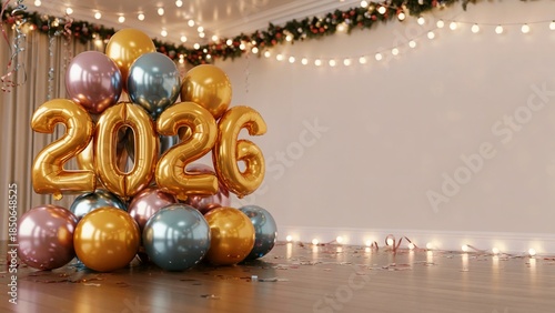 New Year 2026 balloon decoration, elegant New Year 2026 balloon decoration for party background, festive New Year 2026 balloon decoration with copy space