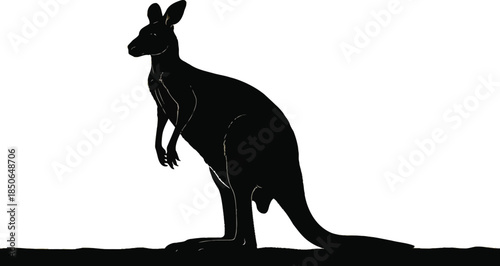 Silhouette of a kangaroo standing against a gradient orange and yellow sky