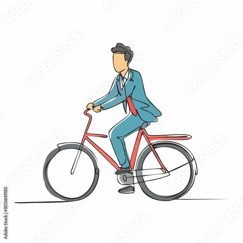 Single continuous line drawing young professional businessman riding bicycle to his company. Bike to work, eco friendly transportation concept. 