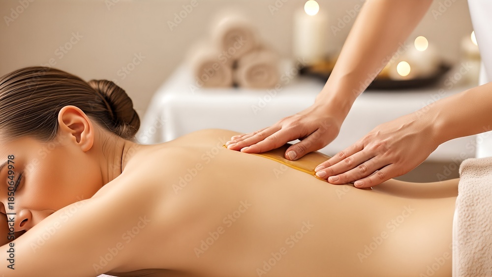 Obraz premium Relaxing spa massage treatment with professional therapist hands on woman back, luxury wellness therapy for body relaxation, stress relief, beauty care and healthy lifestyle concept