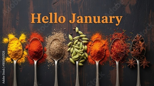 Hello January Spices Collection on Dark Background.