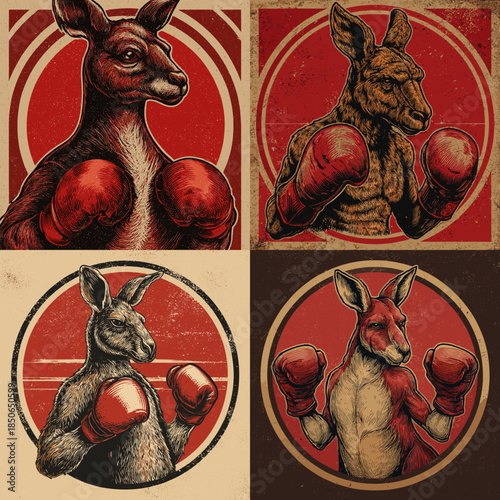 Boxer kangaroo characters illustrated in bold vintage style with gloves and strong stances designed for sports mascots and energetic branding concepts.