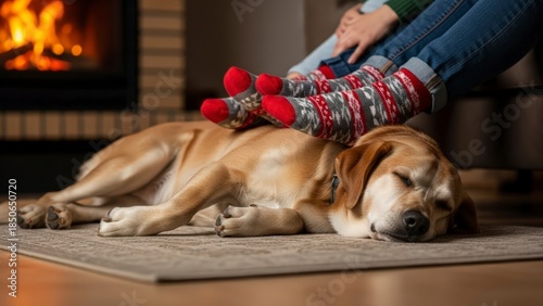 Cozy Dog and Feet by Fireplace.