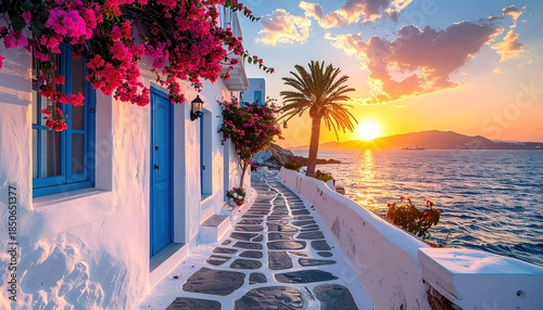 Fototapeta Naklejka Na Ścianę i Meble -  Beautiful sunset view from a traditional white mediterranean coastal street with flowers
