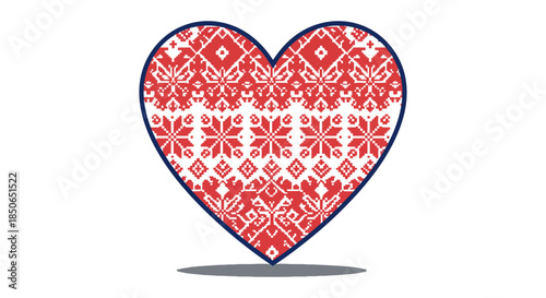 red scandinavian knitted heart with nordic snowflake pattern isolated on white festive folk art symbol for christmas and valentine designs