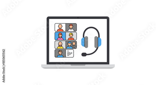 remote customer support training webinar on laptop diverse team video conference with headset icon concept for online help desk