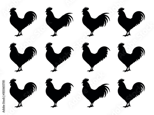 Black Silhouette Rooster Icon Set