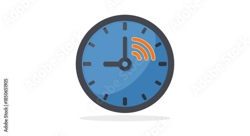 smart clock icon showing wireless notification at noon minimalist blue wall clock illustration for time management and productivity apps