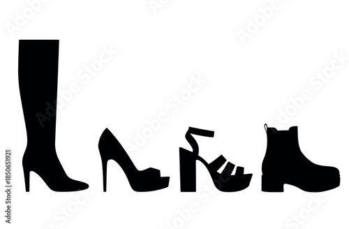 Black Silhouettes of Various High Heels and Boots for Fashion Illustration