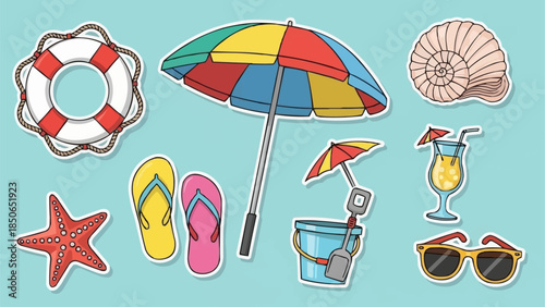 Collection of Beach Vacation Summer Holiday Objects and Accessories.