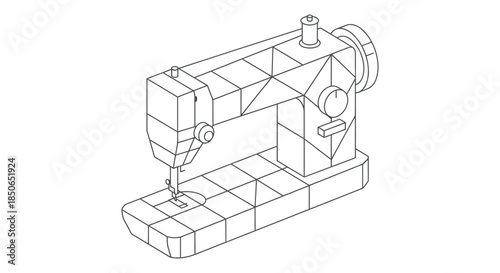 sewing machine line art illustration of modern electric equipment in geometric style isolated outline icon for tailoring and fashion design