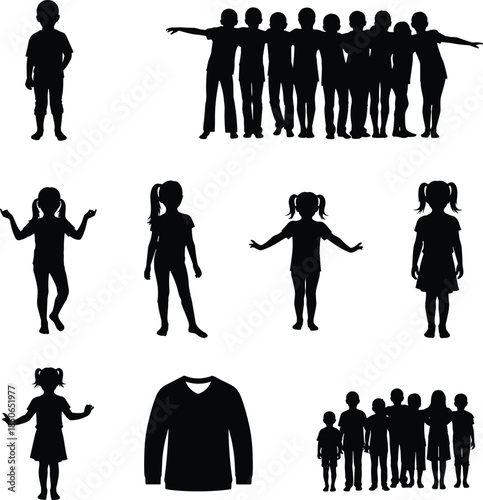 Child silhouette comparison icon set, black illustration of posture, gesture, clothing, and group dynamics concept graphic