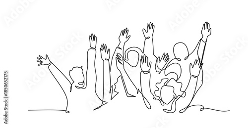 Cheerful Crowd Illustration Cheering Raising Hands, Applause, Continuous One Line Vector Drawing for Celebration and Event Design