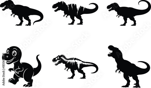 Detailed vector graphic of a t rex dinosaur in a striking silhouette on transparent background