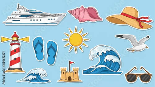 Summer Beach Vacation Objects Collection Yacht Lighthouse Sun Seashell.