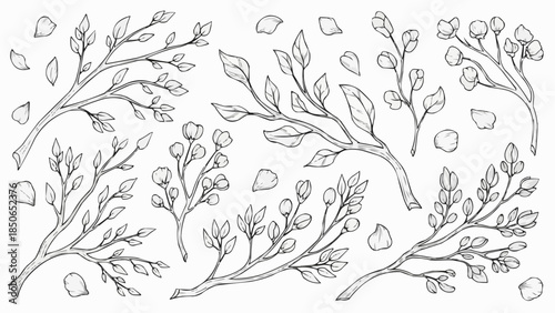 Hand Drawn Botanical Illustration of Spring Branches with Buds and Leaves.