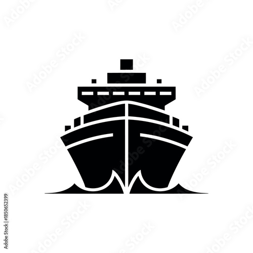 A simple black and white illustration of a large cruise ship at sea