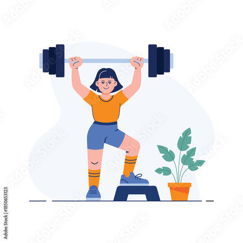 Flat illustration of a woman lifting a barbell during strength training workout