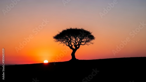 Silhouette of a lone tree against a vibrant sunset sky.