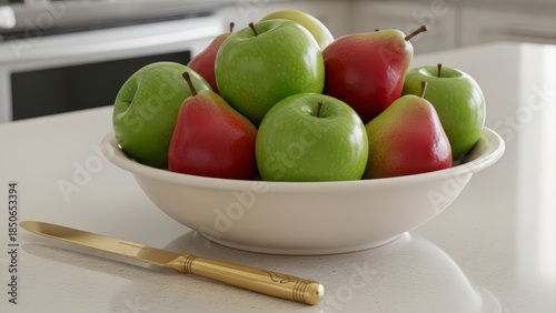Bowl of Fresh Green Apples and Red Pears on a White Countertop with a Knife.