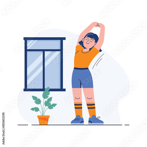 Flat vector illustration of a woman doing stretching exercises before fitness training