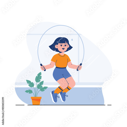 Flat illustration of a woman performing jump rope cardio exercise