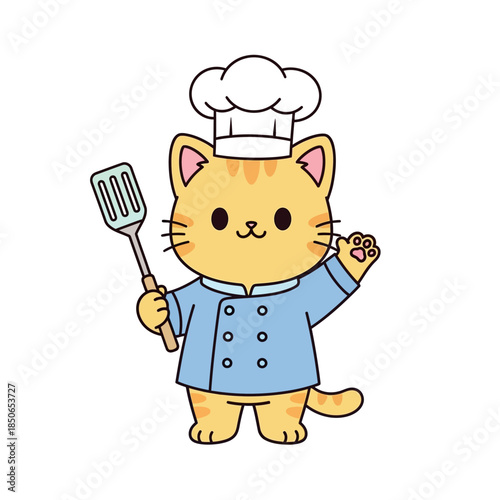 Adorable cartoon cat wearing chef hat and coat holding spatula and waving, av-21