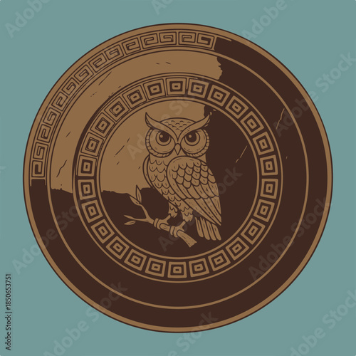 Ancient Greek shield with the image of an Owl and classical Greek.eps