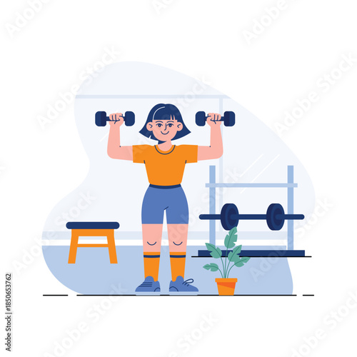 Flat illustration of a woman lifting dumbbells overhead for shoulder strength training